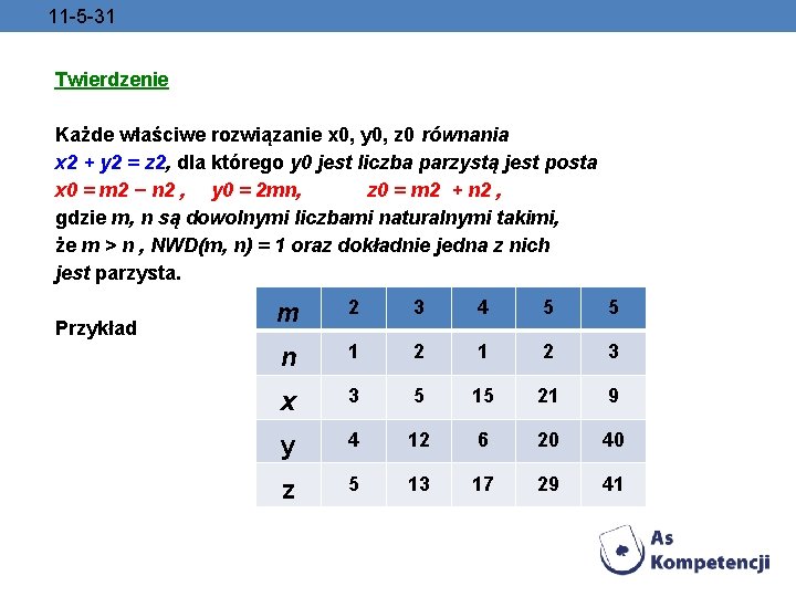 11 -5 -31 Twierdzenie Każde właściwe rozwiązanie x 0, y 0, z 0 równania