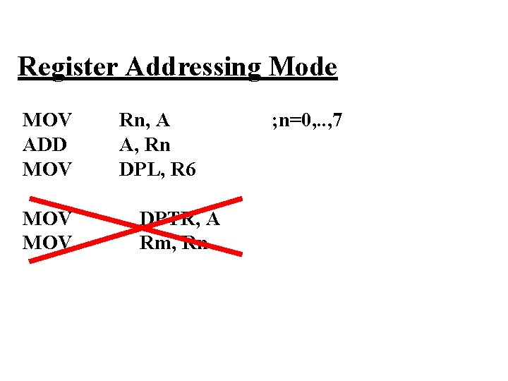 Register Addressing Mode MOV ADD MOV MOV Rn, A A, Rn DPL, R 6