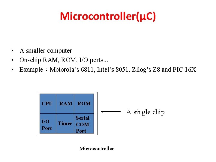 Microcontroller(µC) • A smaller computer • On-chip RAM, ROM, I/O ports. . . •