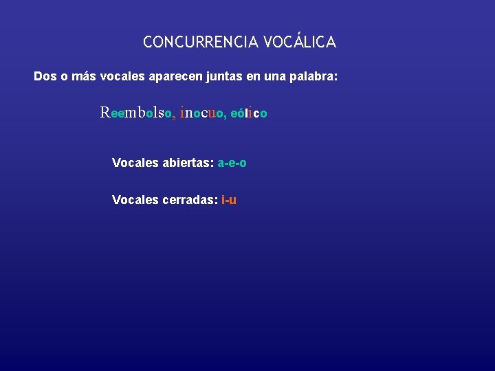 CONCURRENCIA VOCÁLICA Dos o más vocales aparecen juntas en una palabra: Reembolso, inocuo, eólico