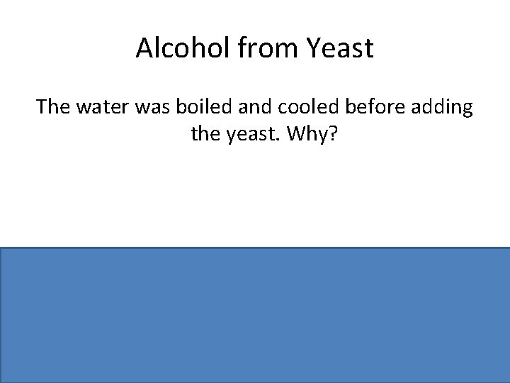 Alcohol from Yeast The water was boiled and cooled before adding the yeast. Why?