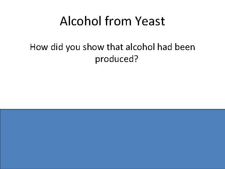 Alcohol from Yeast How did you show that alcohol had been produced? H 2