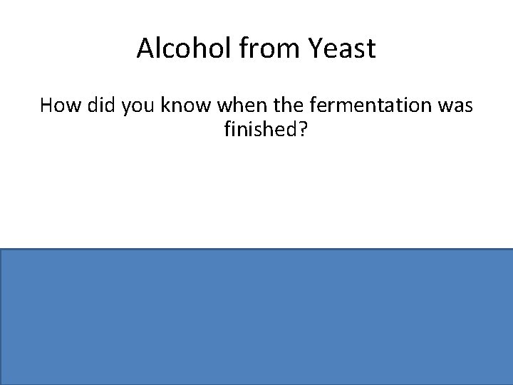 Alcohol from Yeast How did you know when the fermentation was finished? No more