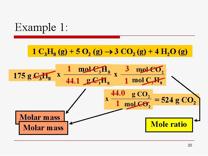 Example 1: 1 C 3 H 8 (g) + 5 O 2 (g) 3 Example 1: 1 C 3 H 8 (g) + 5 O 2 (g) 3