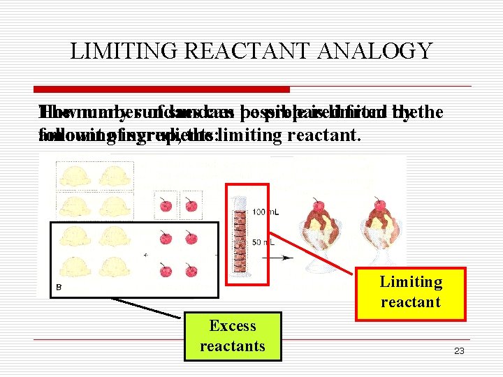 LIMITING REACTANT ANALOGY The number How many sundaes of sundaes can possible be prepared LIMITING REACTANT ANALOGY The number How many sundaes of sundaes can possible be prepared