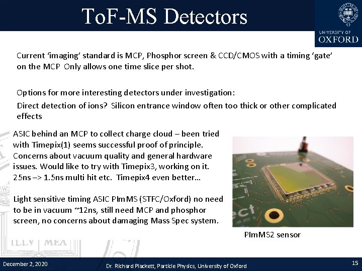 To. F-MS Detectors Current ‘imaging’ standard is MCP, Phosphor screen & CCD/CMOS with a