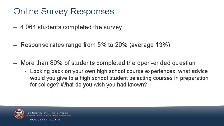 Online Survey Responses – 4, 064 students completed the survey – Response rates range