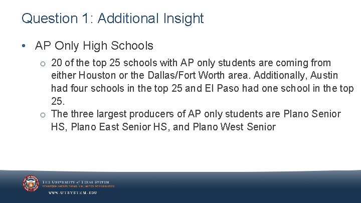 Question 1: Additional Insight • AP Only High Schools o 20 of the top
