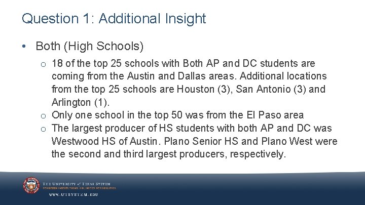 Question 1: Additional Insight • Both (High Schools) o 18 of the top 25