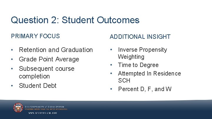 Question 2: Student Outcomes PRIMARY FOCUS ADDITIONAL INSIGHT • Retention and Graduation • Grade
