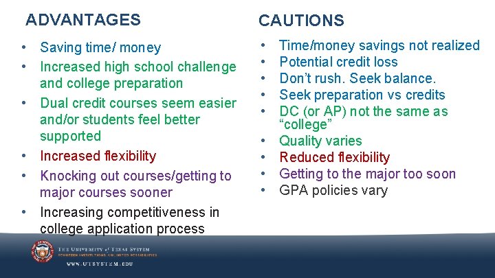 ADVANTAGES CAUTIONS • Saving time/ money • Increased high school challenge and college preparation