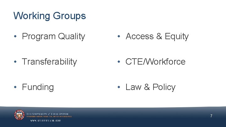 Working Groups • Program Quality • Access & Equity • Transferability • CTE/Workforce •