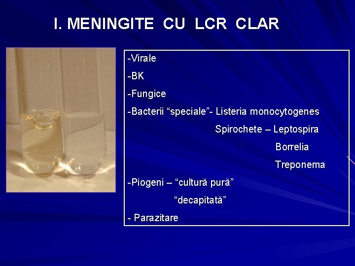 I. MENINGITE CU LCR CLAR -Virale -BK -Fungice -Bacterii “speciale”- Listeria monocytogenes Spirochete –