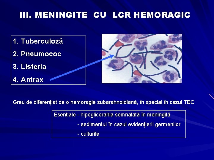 III. MENINGITE CU LCR HEMORAGIC 1. Tuberculoză 2. Pneumococ 3. Listeria 4. Antrax Greu