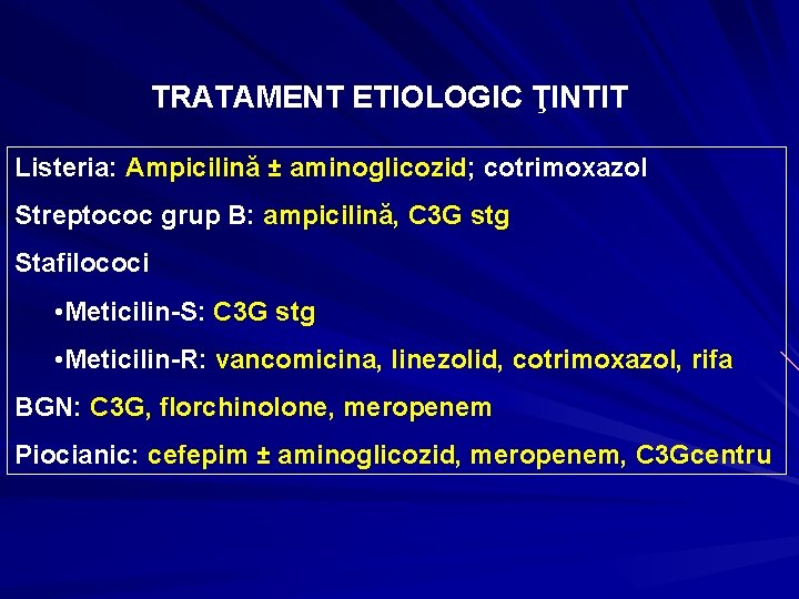 TRATAMENT ETIOLOGIC ŢINTIT Listeria: Ampicilină ± aminoglicozid; cotrimoxazol Streptococ grup B: ampicilină, C 3