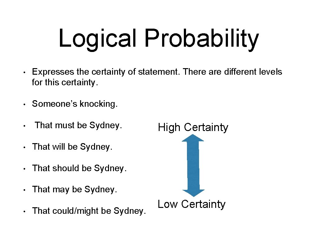 Logical Probability • Expresses the certainty of statement. There are different levels for this