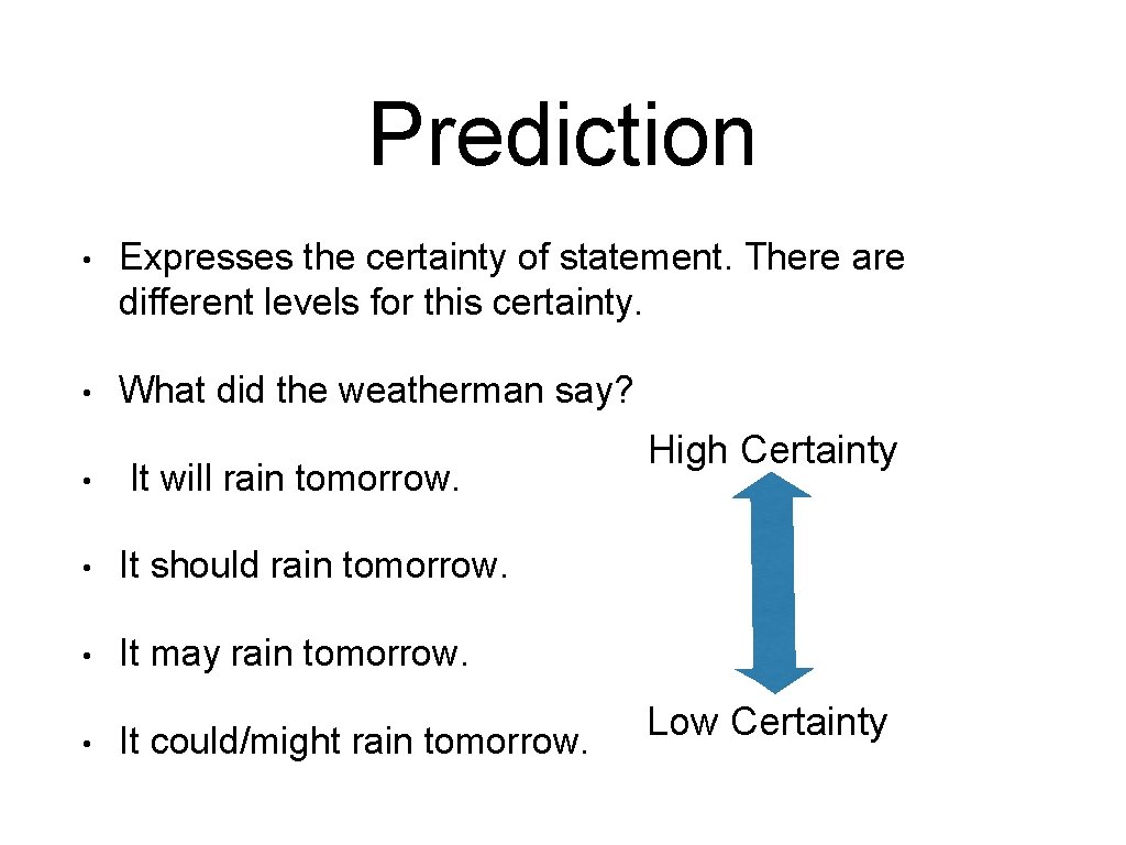 Prediction • Expresses the certainty of statement. There are different levels for this certainty.