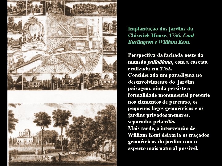 Implantação dos jardins da Chiswick House, 1736. Lord Burlington e William Kent. Perspectiva da