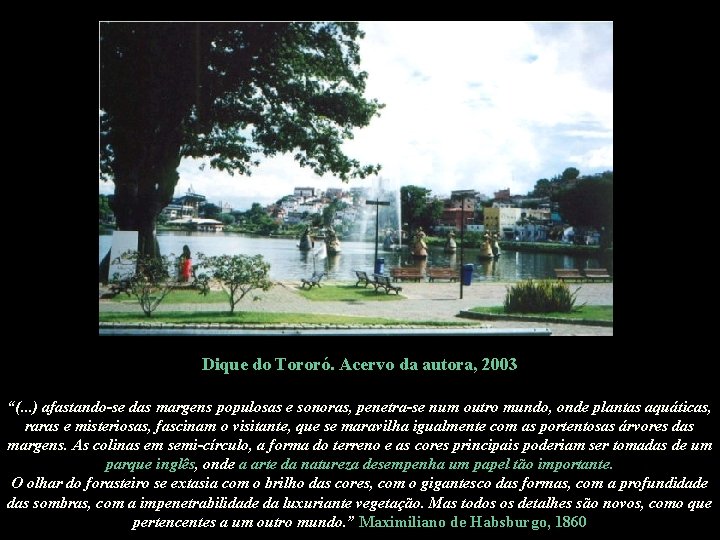 Dique do Tororó. Acervo da autora, 2003 “(. . . ) afastando-se das margens