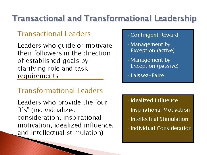 Transactional and Transformational Leadership Transactional Leaders • Contingent Reward Leaders who guide or motivate