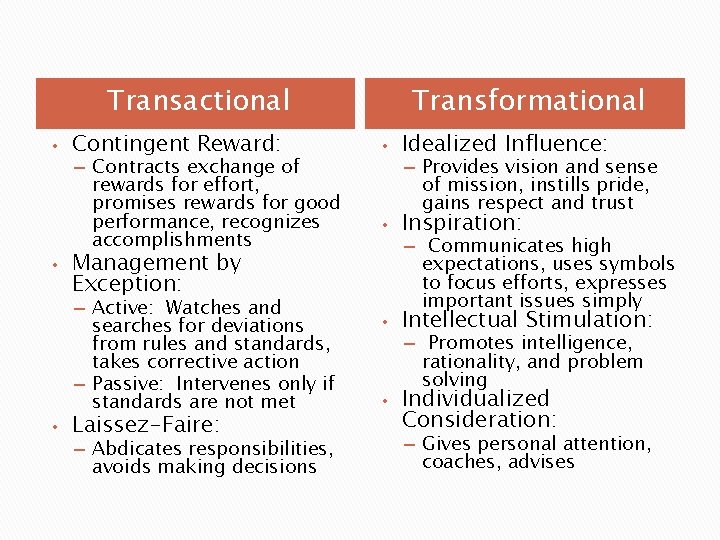 Transactional • • Contingent Reward: – Contracts exchange of rewards for effort, promises rewards