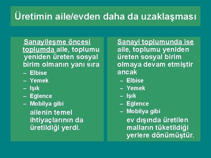 Üretimin aile/evden daha da uzaklaşması Sanayileşme öncesi toplumda aile, toplumu yeniden üreten sosyal birim Üretimin aile/evden daha da uzaklaşması Sanayileşme öncesi toplumda aile, toplumu yeniden üreten sosyal birim