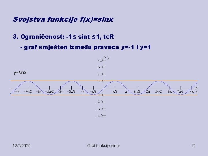 Svojstva funkcije f(x)=sinx 3. Ograničenost: -1≤ sint ≤ 1, tεR - graf smješten između