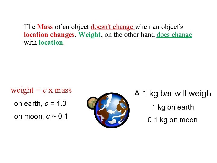 The Mass of an object doesn't change when an object's location changes. Weight, on