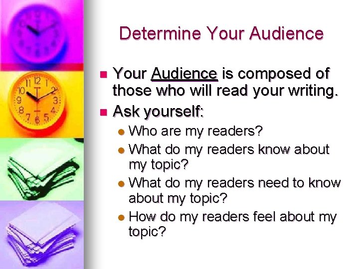 Determine Your Audience is composed of those who will read your writing. n Ask