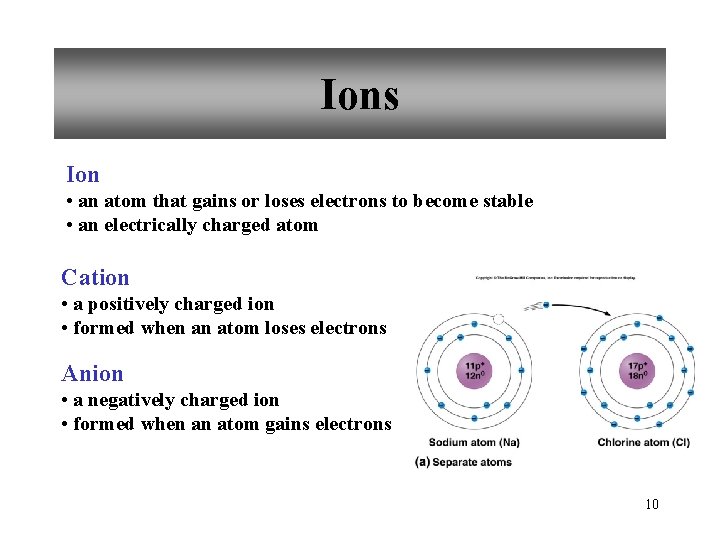 Ions Ion • an atom that gains or loses electrons to become stable •