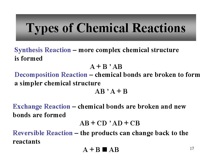 Types of Chemical Reactions Synthesis Reaction – more complex chemical structure is formed A