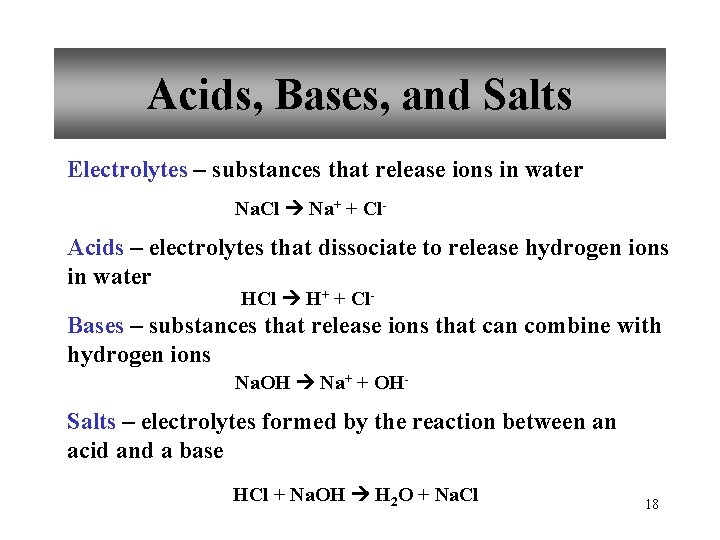 Acids, Bases, and Salts Electrolytes – substances that release ions in water Na. Cl