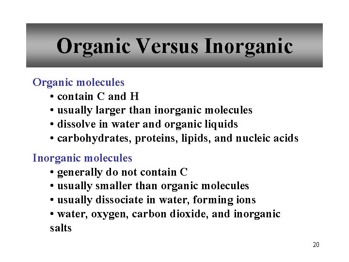 Organic Versus Inorganic Organic molecules • contain C and H • usually larger than