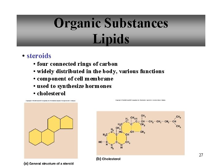 Organic Substances Lipids • steroids • four connected rings of carbon • widely distributed