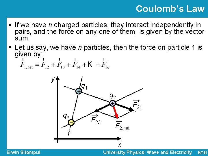 Coulomb’s Law § If we have n charged particles, they interact independently in pairs,
