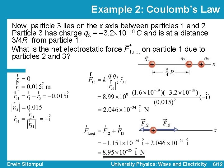 Example 2: Coulomb’s Law Now, particle 3 lies on the x axis between particles