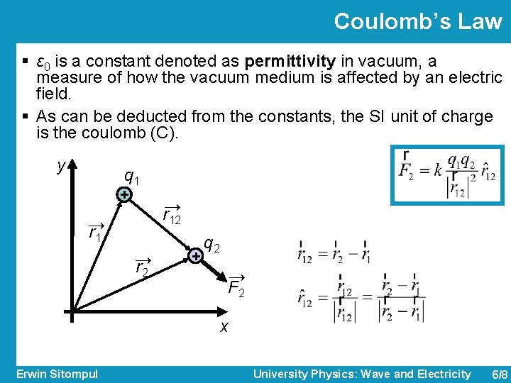 Coulomb’s Law § ε 0 is a constant denoted as permittivity in vacuum, a