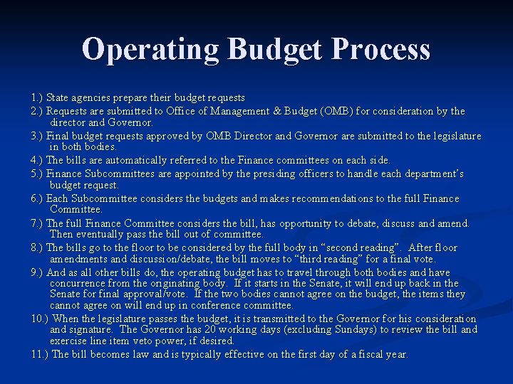 Operating Budget Process 1. ) State agencies prepare their budget requests 2. ) Requests Operating Budget Process 1. ) State agencies prepare their budget requests 2. ) Requests