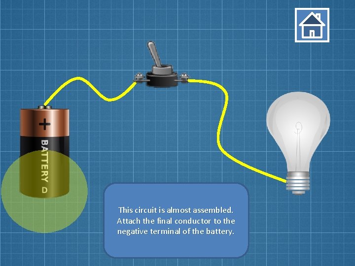 This circuit is almost assembled. Attach the final conductor to the negative terminal of This circuit is almost assembled. Attach the final conductor to the negative terminal of