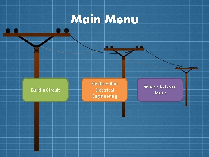 Main Menu Build a Circuit Fields within Electrical Engineering Where to Learn More Main Menu Build a Circuit Fields within Electrical Engineering Where to Learn More