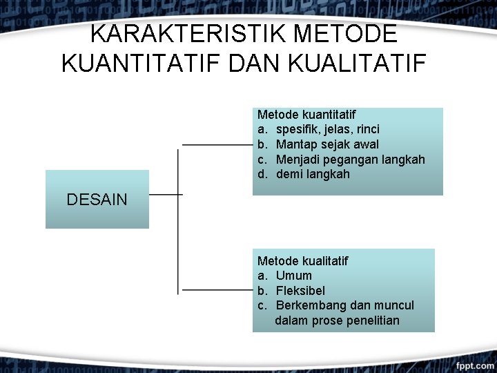 KARAKTERISTIK METODE KUANTITATIF DAN KUALITATIF Metode kuantitatif a. spesifik, jelas, rinci b. Mantap sejak