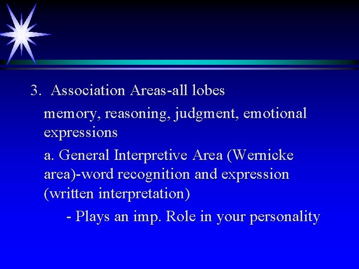 3. Association Areas-all lobes memory, reasoning, judgment, emotional expressions a. General Interpretive Area (Wernicke 3. Association Areas-all lobes memory, reasoning, judgment, emotional expressions a. General Interpretive Area (Wernicke