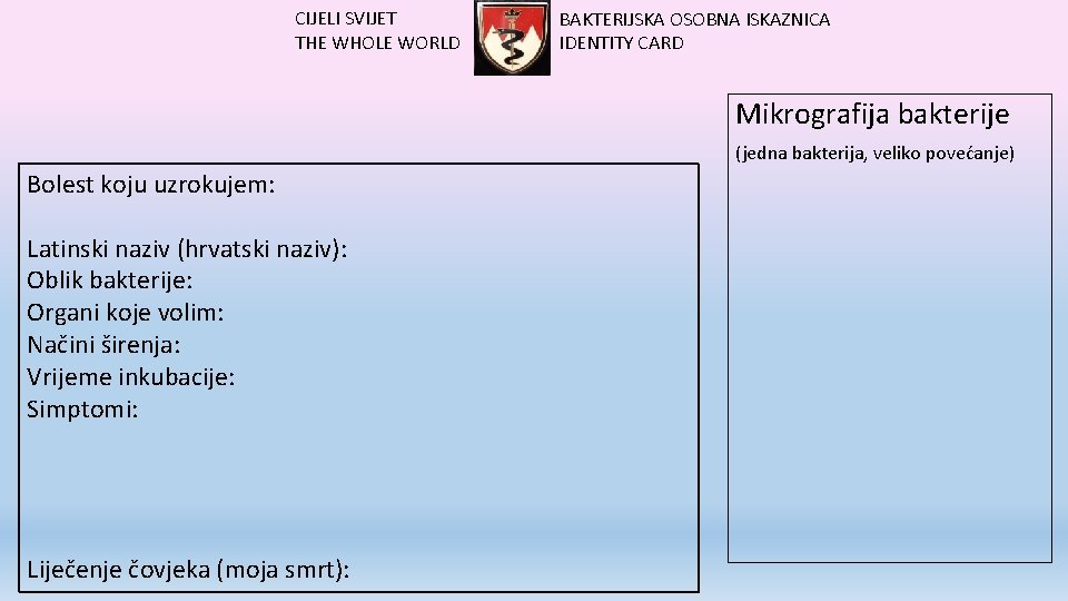 CIJELI SVIJET THE WHOLE WORLD BAKTERIJSKA OSOBNA ISKAZNICA IDENTITY CARD Mikrografija bakterije (jedna bakterija,