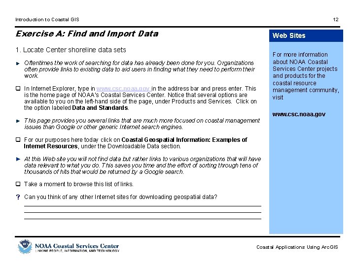 Introduction to Coastal GIS 12 Exercise A: Find and Import Data Web Sites 1.