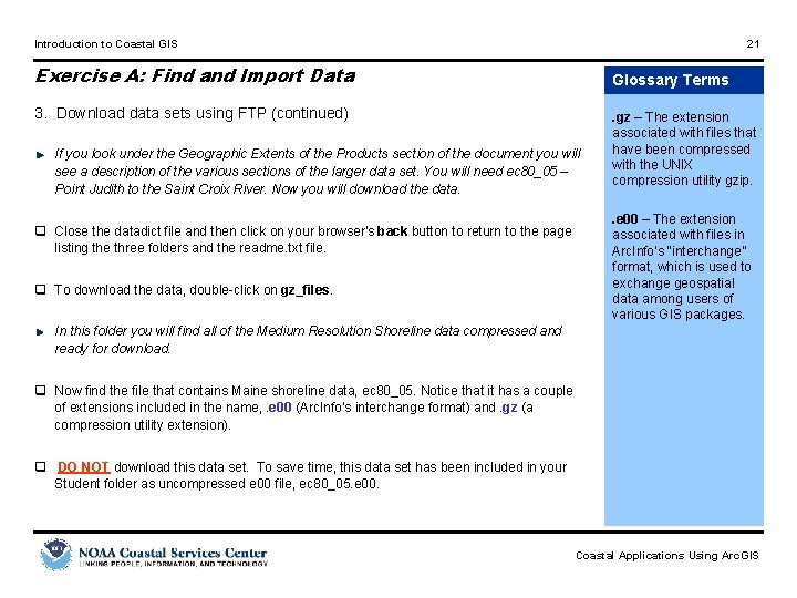 Introduction to Coastal GIS 21 Exercise A: Find and Import Data Glossary Terms 3.