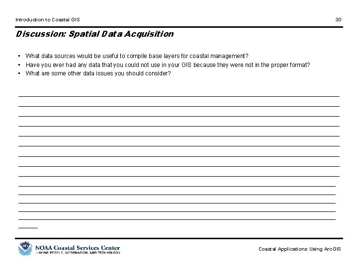 Introduction to Coastal GIS 30 Discussion: Spatial Data Acquisition • What data sources would