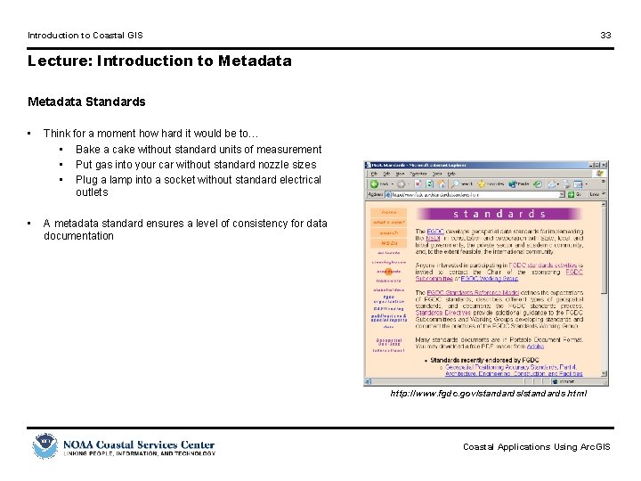 Introduction to Coastal GIS 33 Lecture: Introduction to Metadata Standards • Think for a