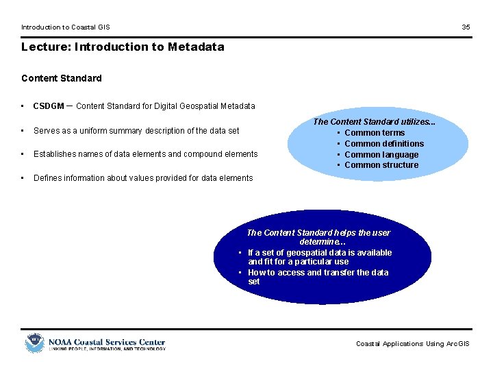 Introduction to Coastal GIS 35 Lecture: Introduction to Metadata Content Standard • CSDGM –