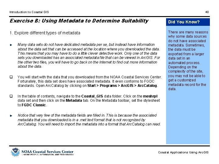 Introduction to Coastal GIS 40 Exercise B: Using Metadata to Determine Suitability Did You