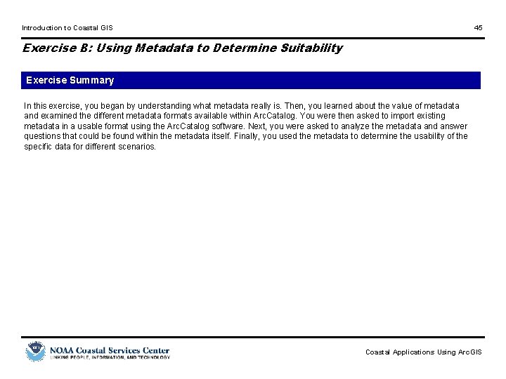 Introduction to Coastal GIS 45 Exercise B: Using Metadata to Determine Suitability Exercise Summary